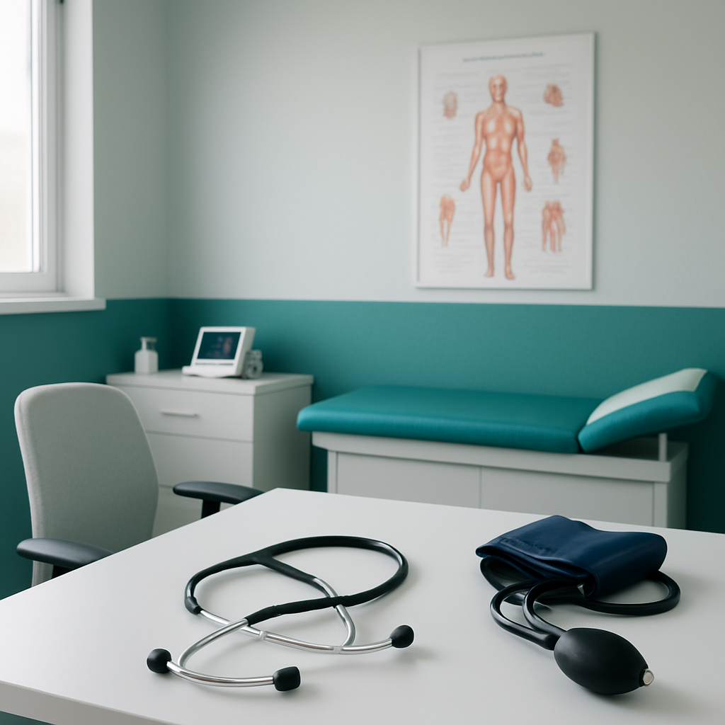 Modern GP consulting room with medical equipment