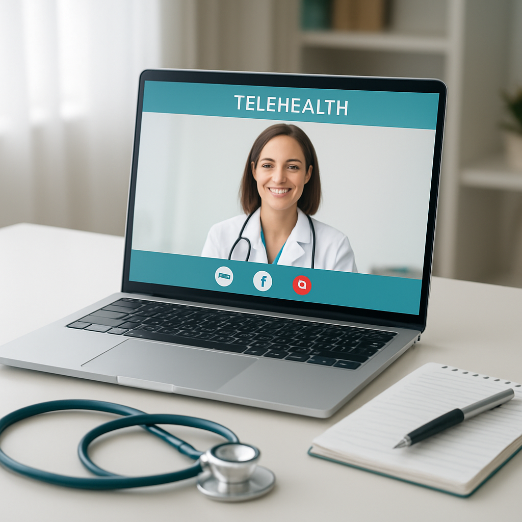 Laptop showing telehealth video call interface with stethoscope nearby